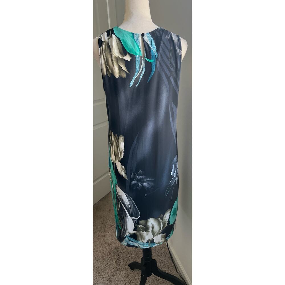 STUDIO I Floral Turquoise Black Blue Beaded Neckline Sleeveless Swing Dress 14 - Picture 6 of 9